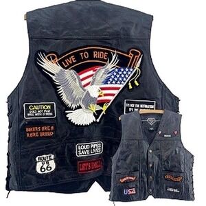Men's Black Leather Motorcycle Vest XL Buffalo Bikercore Patches Side Lace Rally